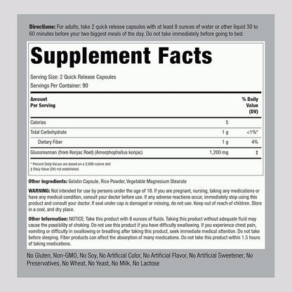 Piping Rock Glucomannan Capsules 600mg | 180 Pills | Konjac Root Fiber Supplement | Non-GMO, Gluten Free