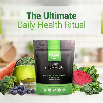 Super Greens Daily Greens Superfood Powder - Certified USDA Organic Green Powder w/20+ Whole Foods, Spirulina Powder, Wheat & Barley Grass - Probiotics, Fiber & Enzymes - Original Refill, 30 Servings