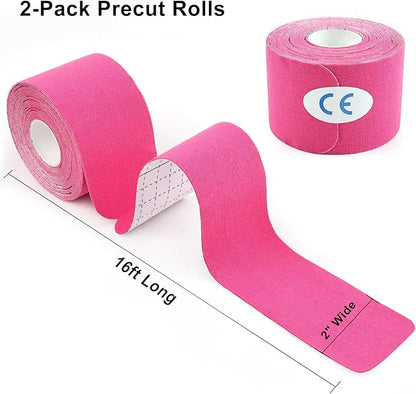 MUEUSS Kinesiology Tape Elastic Cotton Athletic Tape Precut Strips,Waterproof Tape for Protects Muscles,Knees,Shoulders Plantar Fasciitis Pain Relief,Pregnancy Belly Tape (2rolls Pink&Beige)