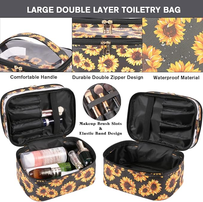 FITINI 3 Pieces Sunflower Makeup Bags Double Layer Travel Large Cosmetic Cases Organizer Toiletry Bags Waterproof Small Zipper Pouch for Women Makeup Brush Storage Bag