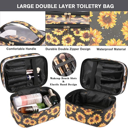 FITINI 3 Pieces Sunflower Makeup Bags Double Layer Travel Large Cosmetic Cases Organizer Toiletry Bags Waterproof Small Zipper Pouch for Women Makeup Brush Storage Bag