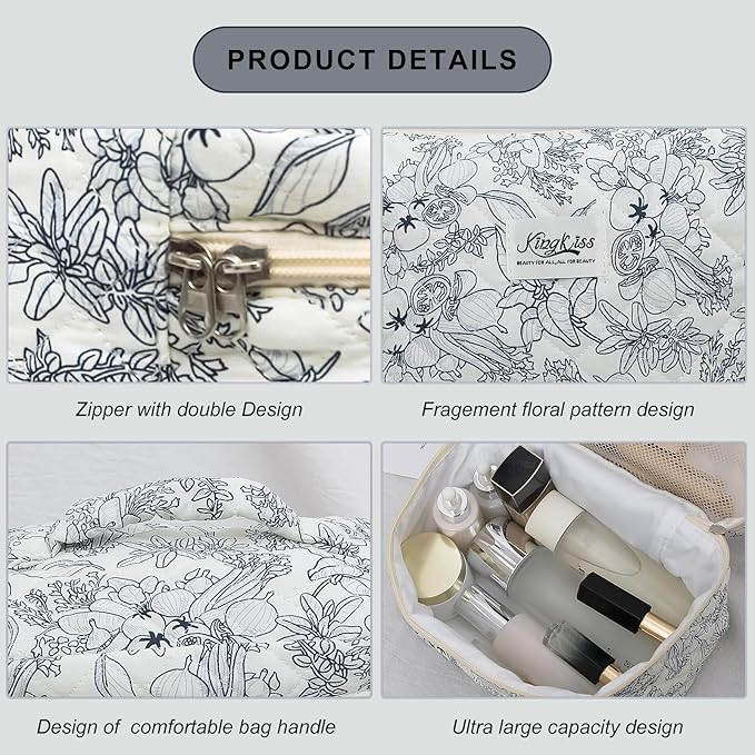 kingkiss Makeup Bag, Quilted Cosmetic Bag, Large Capacity Make Up Bag for Women, Cute Floral Storage Toiletry Bag Travel Storage Makeup Bag(Black Flower)