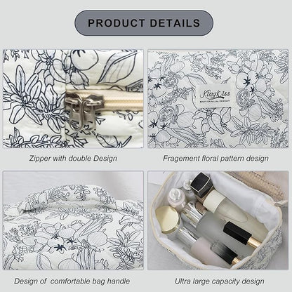 kingkiss Makeup Bag, Quilted Cosmetic Bag, Large Capacity Make Up Bag for Women, Cute Floral Storage Toiletry Bag Travel Storage Makeup Bag(Black Flower)