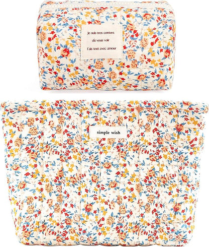 2 Pieces Floral Makeup Bag, Cute Travel Quilted Pouch Cosmetic Bag Organizer, Small Cotton Coquette Aesthetic Purse Toiletry Bag for Women Girls accessories (Red Flower-2PCS)