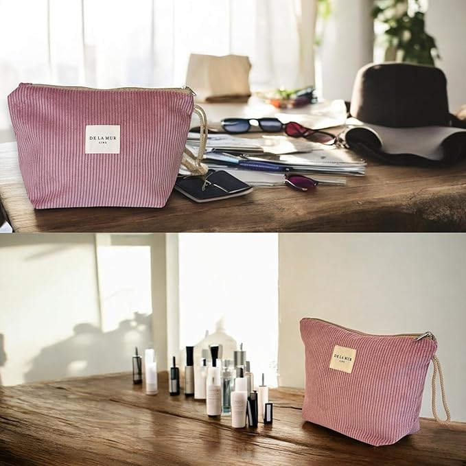 Pink Corduroy Cosmetic Bag for Women – Large Toiletry Bag for Travel, Skincare & Makeup Organizer, Travel Size Toiletries Bag – Cruise & Vacation Gift – Made in Barcelona, Spain