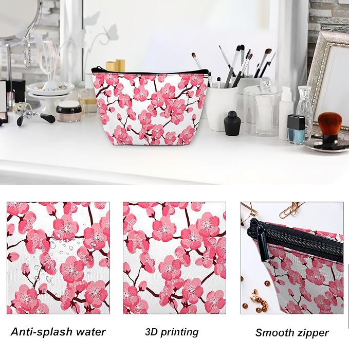 Cherry Blossom Makeup Bag for Purse, Waterproof Funny Japanese Pink Sakura Cosmetic Bag for Women, Zipper Travel Pouch Gift 9.5×5.9 Inch