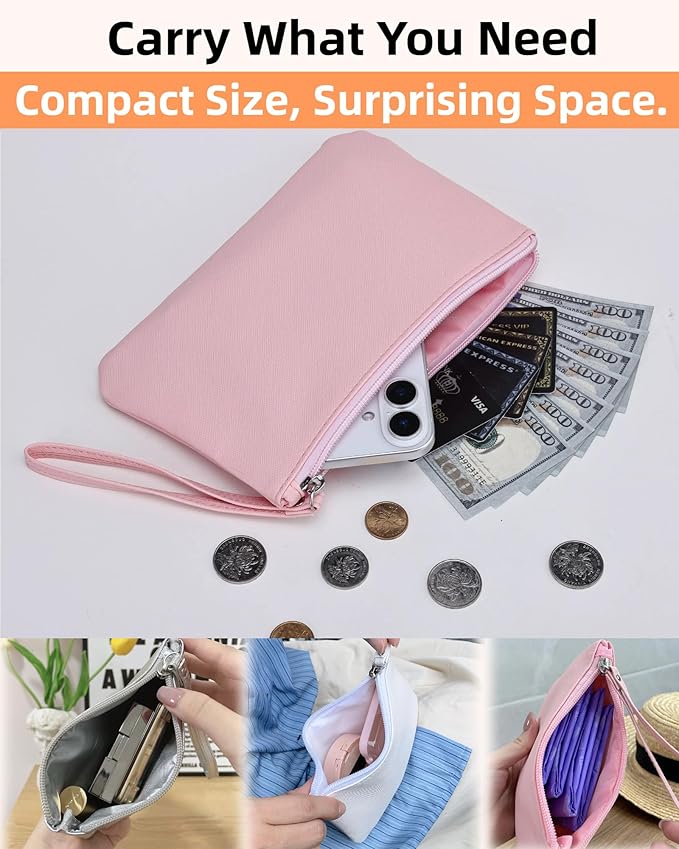 Small Makeup Bag for Purse Mini Cosmetic Pouch Zipper Little Wristlet, Tiny Make Up Organizer Lipstick Feminine Product Car Change Coin Holder for Women Handbags, 8 x 5 Clutch Phone Wallet,1 Pink