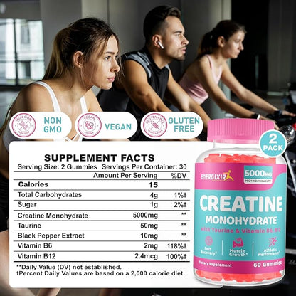 Creatine Monohydrate Gummies, Creatine for Women, Creatine Pre Workout Chewables Supplement 5000mg with Taurine & B6 - for Muscle, Recovery, Strength, Energy & Endurance and Performance - 120 Count