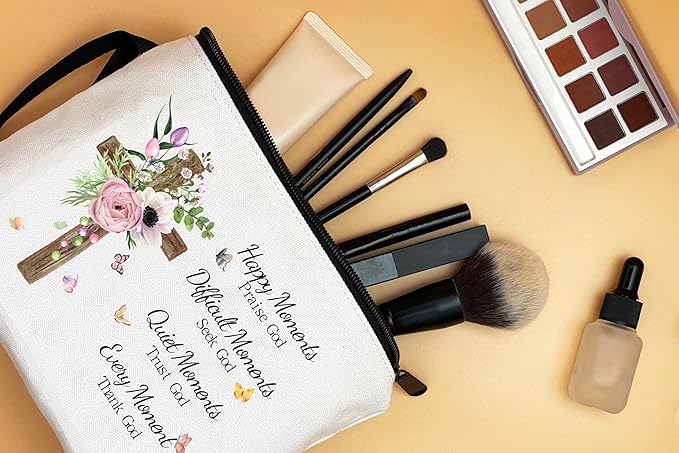 Faith Based Gifts Cosmetic Bag,Faith Based Gifts for Women,Mothers Day Religious Gifts,Happy Moment Praise God Small Makeup Cosmetic Pouch,Christian Woman Gifts,Godly Gifts for Women