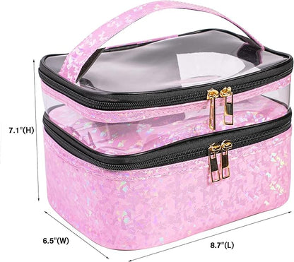 FITINI 3 Pieces Makeup Bags Double Layer Travel Large Holographic Cosmetic Cases Organizer Toiletry Bags Waterproof Small Zipper Pouch for Women Makeup Brush Storage Bag,Light Pink