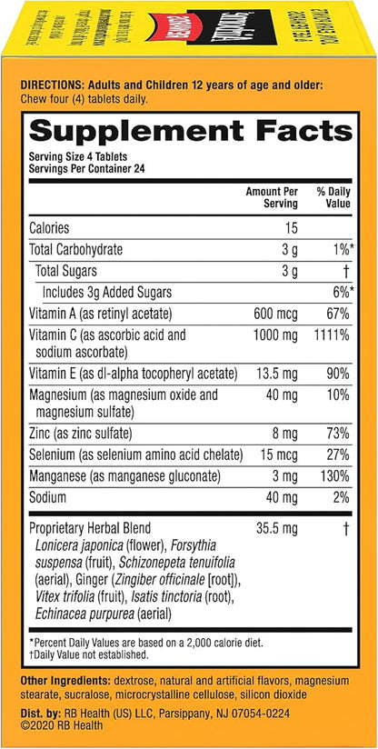 Airborne 1000mg Chewable Tablets with Zinc, Immune Support Supplement with Powerful Antioxidants Vitamins A C & E - 96 Tablets, Citrus Flavor