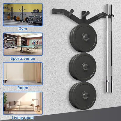 Wall Weight Plate Holder and Barbell Holder, 6 Pegs & 4 Barbell Storage Racks Load Up to 1190 LBS, Wall Mounted Weight Plate Holder, Bumper Plate Storage for Home Gym, Fit 2" Olympic Plates