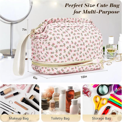 Makeup Bag for Women, Large Make Up Bag Corduroy Cosmetic Bag for Girls, Make up Travel Bag Essentials, Strawbery Cute Toiletry Bag for Women Travel Size Toiletries Bag