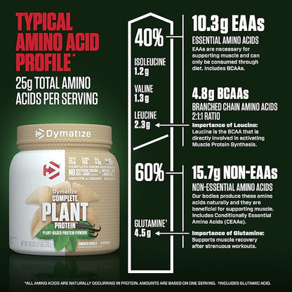 Dymatize Vegan Plant Protein, Smooth Vanilla, 25g Protein, 4.8g BCAAs, Complete Amino Acid Profile, 15 Servings