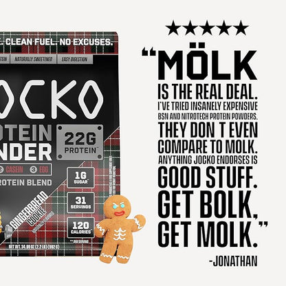 Jocko Mölk Whey Protein Powder - Keto, Probiotics, Grass Fed, Digestive Enzymes, Amino Acids, Sugar Free Monk Fruit Blend - Muscle Recovery & Growth (31 Servings (Pack of 1), Gingerbread Cookie)