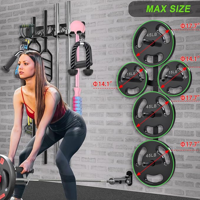 Kipika Gym Organizer Set Wall Mounted Weight Plate Storage Rack Barbell Storage Rack with T-Bar Row Landmine Platform Attachment Durable Steel Construction Easy Installation