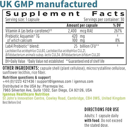 Live Cultures+ Lab4 Probiotics & Prebiotic, Lactobacillus Acidophilus & Bifidobacterium, Guaranteed 25 Billion CFU,Vegan, Non-Bloating Gut Health Support, Non-GMO, 6 x 30 Capsules, by Igennus