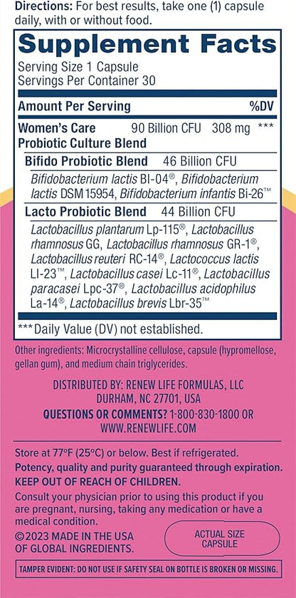 Renew Life Women's Probiotic Capsules, Supports pH Balance for Women, Vaginal, Urinary, Digestive and Immune Health, L. Rhamnosus GG, Dairy, Soy and Gluten-Free, 90 Billion CFU - 30 Ct