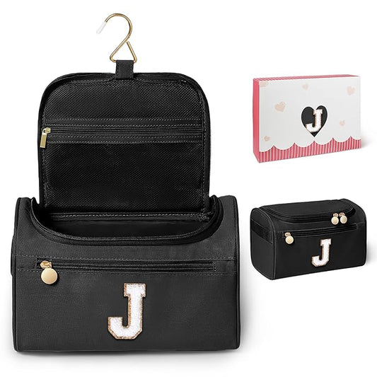 COSHAYSOO Cool First Communion Confirmation Gifts Baptism Dance Recital Trip Favor Gifts for Women Teen Girls Travel, Monogrammed Initial Hanging Toiletry Bag Waterproof Toiletries Black Letter J