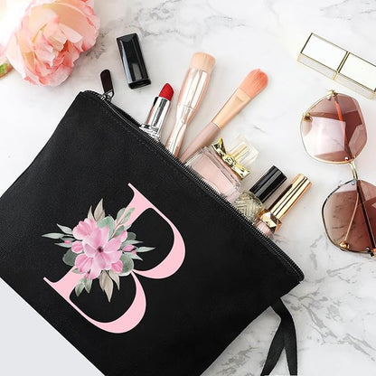 Vavabox A-Z Personalized Makeup Bag, Birthday Gifts for Women Mom, Gifts for Best Friend, Bride Bridesmaid Cosmetic bag (B, Black)