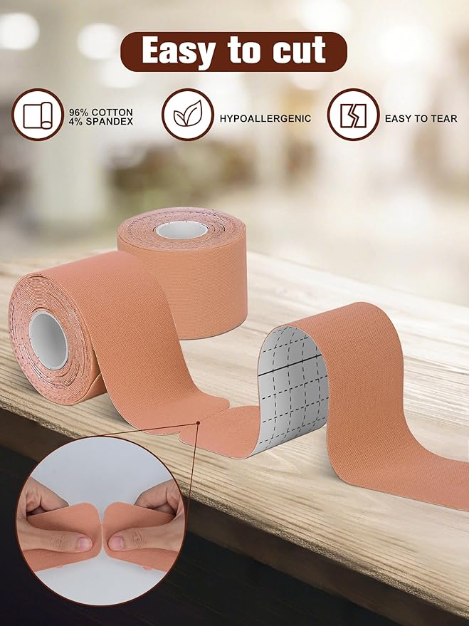 Kinesiology Tape Precut, Lychee Elastic Cotton Athletic Tape for Joint Support and Muscle Pain Relief Waterproof Breathable (Beige,4 Rolls)