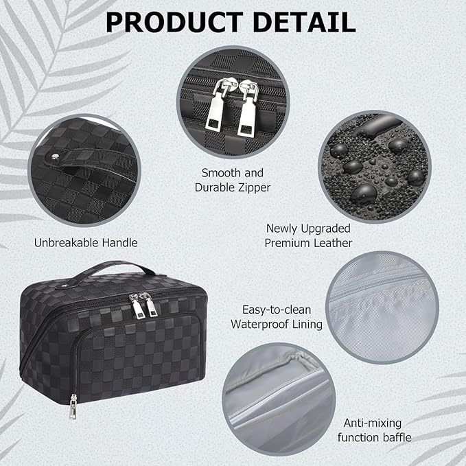 Travel Makeup Bag, Large Capacity Cosmetic Bags for Women, Waterproof Lining and PU Leather Portable Pouch, Open Flat Toiletry Bag, Make up Organizer with Divider & Handle (Black)