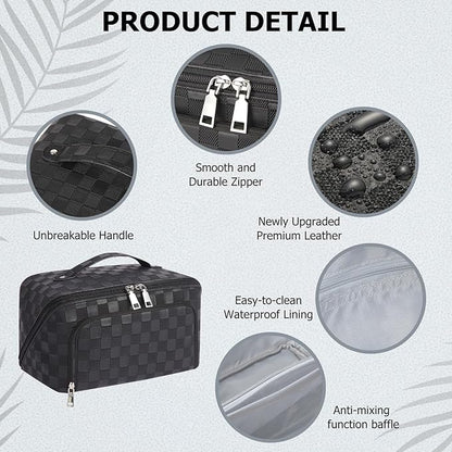 Travel Makeup Bag, Large Capacity Cosmetic Bags for Women, Waterproof Lining and PU Leather Portable Pouch, Open Flat Toiletry Bag, Make up Organizer with Divider & Handle (Black)