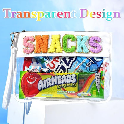 Snack Bags Clear Chenille Letter Pouch Travel Bag Zipper Nylon Makeup Bag Organizer Cosmetic Pouch Toiletry Bag Waterproof Summer Travel Gifts for Women