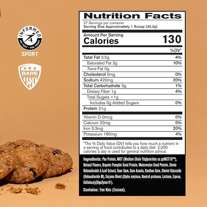 Bare Performance Nutrition, Vegan Protein, Plant Based Protein, Pea Protein, Watermelon Protein and Pumpkin Protein, Naturally Sweetened and Flavored, 27 Servings, Oatmeal Cookie