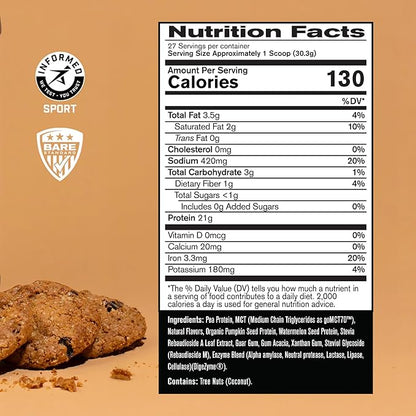 Bare Performance Nutrition, Vegan Protein, Plant Based Protein, Pea Protein, Watermelon Protein and Pumpkin Protein, Naturally Sweetened and Flavored, 27 Servings, Oatmeal Cookie