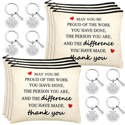 Geosar 16 Pcs Thank You Gifts Bulk Employee Appreciation Gifts with 8 Inspirational Makeup Bags and 8 Thank You Keychains for Mother's Day Nurse Week graduation Teachers Coworkers Volunteers Staff