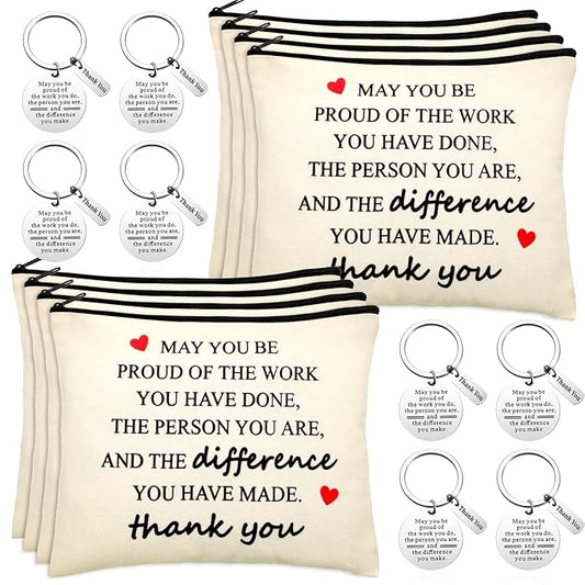 Geosar 16 Pcs Thank You Gifts Bulk Employee Appreciation Gifts with 8 Inspirational Makeup Bags and 8 Thank You Keychains for Mother's Day Nurse Week graduation Teachers Coworkers Volunteers Staff