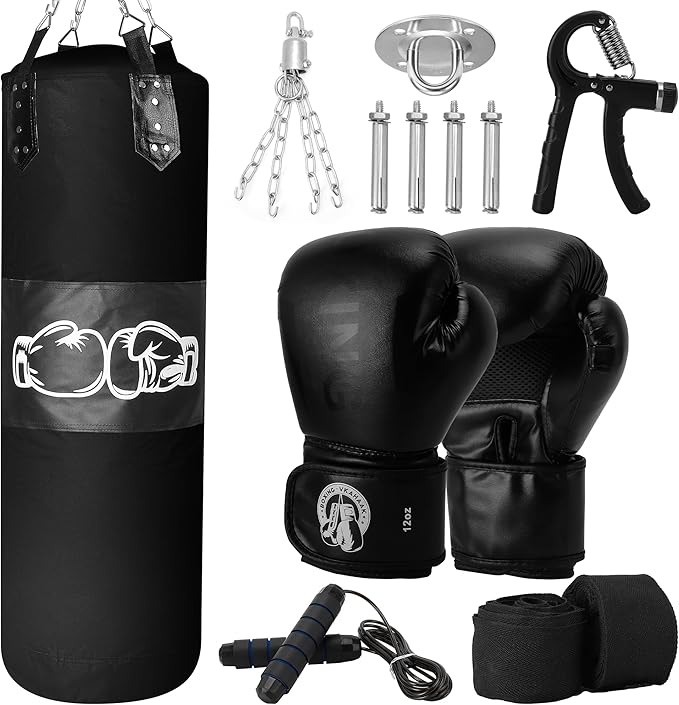 Punching Bag for Adults, Hanging Punching Bag with 12OZ Boxing Gloves, Chains, Wristband, Hand Grip Strengthener, Jump Rope, Heavy Boxing Bag for Training, Karate, Kickboxing, Muay Thai