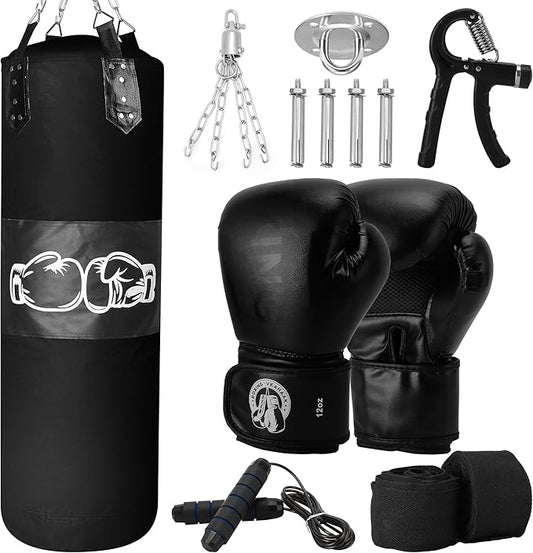 Punching Bag for Adults, Hanging Punching Bag with 12OZ Boxing Gloves, Chains, Wristband, Hand Grip Strengthener, Jump Rope, Heavy Boxing Bag for Training, Karate, Kickboxing, Muay Thai