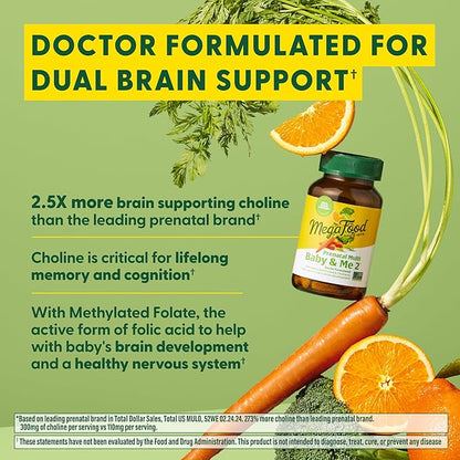MegaFood Baby & Me 2 Prenatal Vitamin and Minerals - Vitamins for Women - with Folate (Folic Acid Natural Form), Choline, Iron, Iodine, and Vitamin C, Vitamin D and more - 120 Tabs (60 Servings)