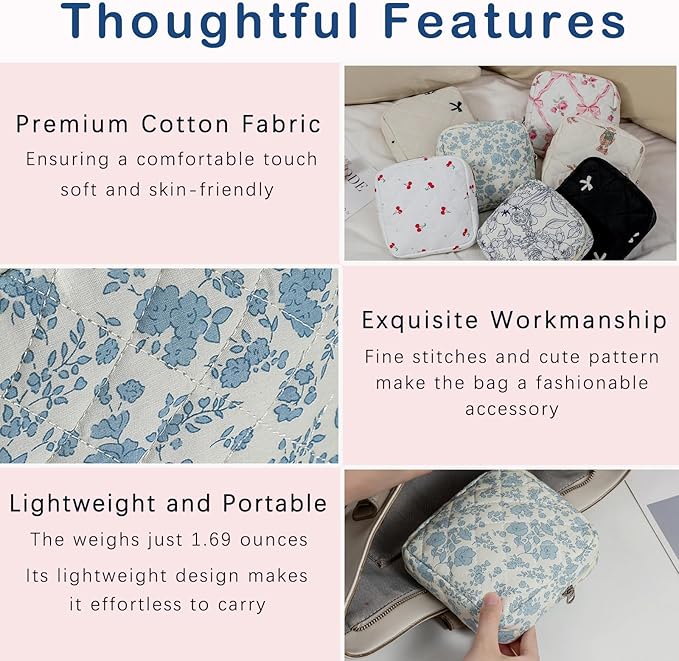 Small Quilted Cotton Makeup Bag for Purse, Cosmetic Bag with Compartments, Cotton Aesthetic Makeup Bag, Travel Toiletry Pouch, Key Pocket Lipstick Bag Card Holder Data Cable Organizer (02Light Blue)