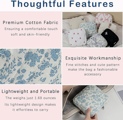Small Quilted Cotton Makeup Bag for Purse, Cosmetic Bag with Compartments, Cotton Aesthetic Makeup Bag, Travel Toiletry Pouch, Key Pocket Lipstick Bag Card Holder Data Cable Organizer (02Light Blue)