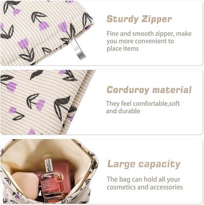 Flower Makeup Bag Travel Large Cosmetic Bag for Women Cute Makeup Pouch Zipper Cosmetic Pouch for Purse Corduroy Aesthetic Purple Floral Skincare Organizer Bag Portable Toiletry Bag