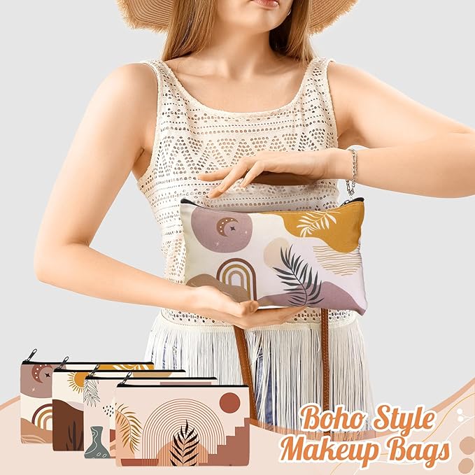 Reginary 20 Pieces Boho Cosmetic Bag for Women, Sunshine Ray Makeup Bags with Zipper Nature Toiletry Bag Pouch Palm Leaf Travel Packing Accessory Organizer Pouch, 7 x 4.3 Inches