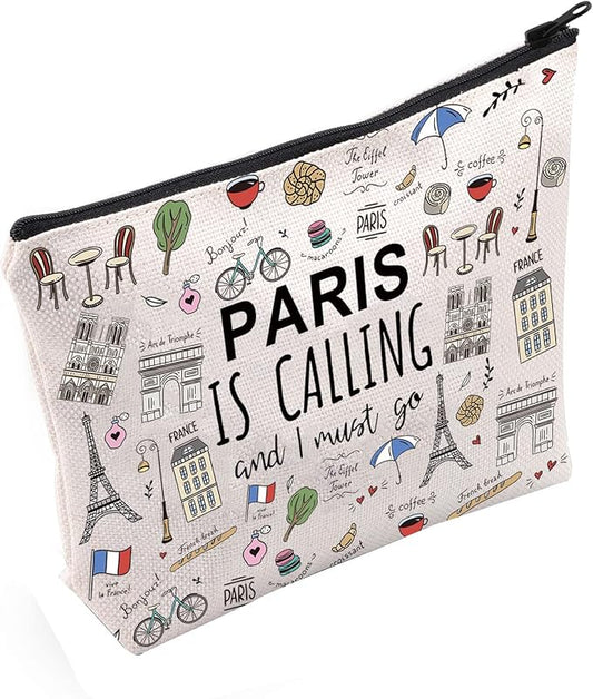 POFULL Paris Themed Gifts Paris Is Calling And I Must Go Cosmetic Bag Paris Lover Gift (Paris Is Calling Cosmetic Bag)