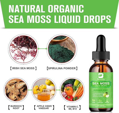 Sea Moss Liquid Drops - Organic Irish Sea Moss Gel with Burdock Root, Vitamin C, B12, 3000mg Seamoss Gel Supplement for Immune, Joint, Detox Cleanse & Digestive Support - 2 Fl Oz