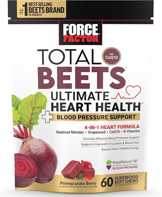 FORCE FACTOR Total Beets Ultimate Heart Health Blood Pressure Support Chews with CoQ10, Beet Root Powder, Grape Seed Extract, Blood Pressure Supplement for Circulation & Blood Flow, 60 Soft Chews