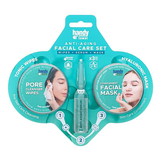 Handy Towel 3-Step Anti-Aging Facial Skin Care Set, Anti Wrinkles Face Kit, Hydrating with Hyaluronic, Propolis Youthful Capsule Skin Care Solution, 3 in 1 Cleanse+Moisturize+Revive Beauty Set