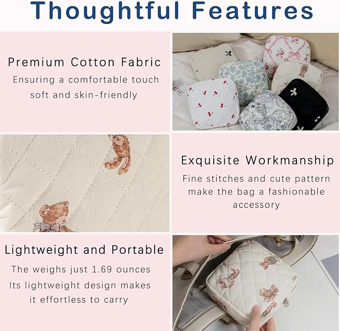 Small Quilted Cotton Makeup Bag for Purse, Cosmetic Bag with Compartments, Cotton Aesthetic Makeup Bag, Travel Toiletry Pouch, Key Pocket Lipstick Bag Card Holder Data Cable Organizer（01White Bear）