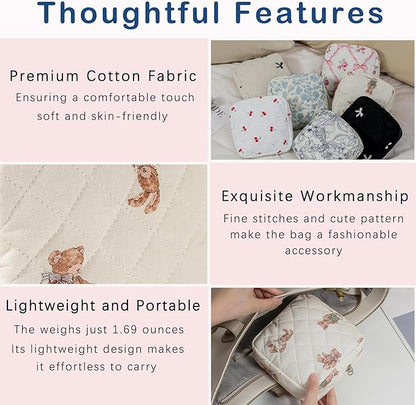 Small Quilted Cotton Makeup Bag for Purse, Cosmetic Bag with Compartments, Cotton Aesthetic Makeup Bag, Travel Toiletry Pouch, Key Pocket Lipstick Bag Card Holder Data Cable Organizer（01White Bear）