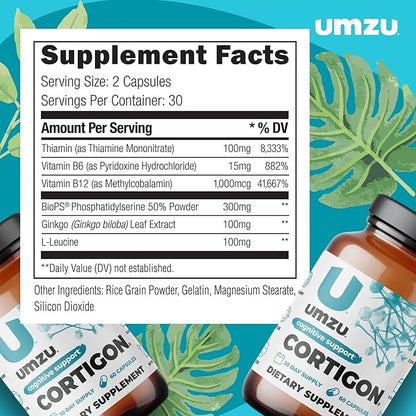 UMZU CORTIGON Cortisol Manager Supplement | Natural Stress Support Complex with Ginkgo Biloba, Phosphatidylserine, B Vitamins | Memory, Focus & Mood Aid (30 Day Supply | 60 Capsules)