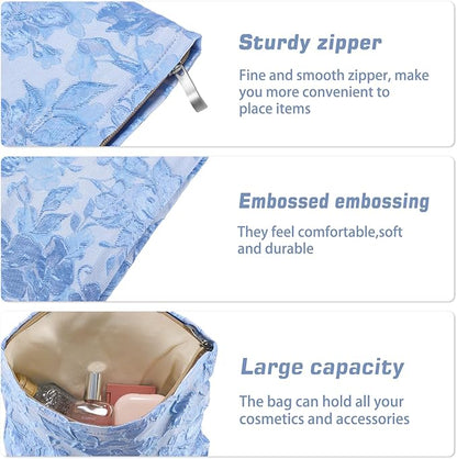 Flower Makeup Bag Travel Large Floral Cosmetic Bags Cute Makeup Pouch for Purse Zipper Embossed Blue Make up Organizer Bag Portable Toiletry Bags for Women Girls Birthday Christmas Gift
