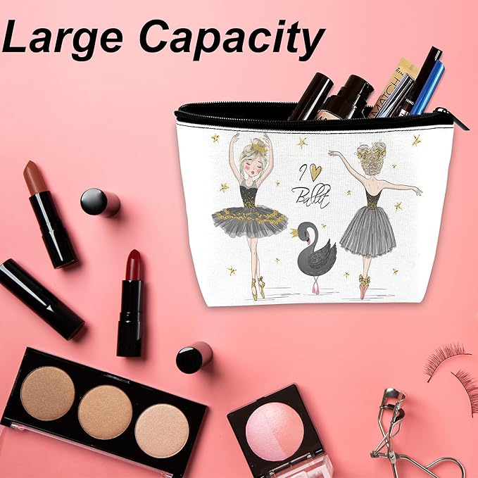 Cute Makeup Bag for Purse, Ballerina with Black Swan Cosmetic Bag for Women, Travel Toiletry Funny Zipper Pouch Gift 9.5×5.9 Inch