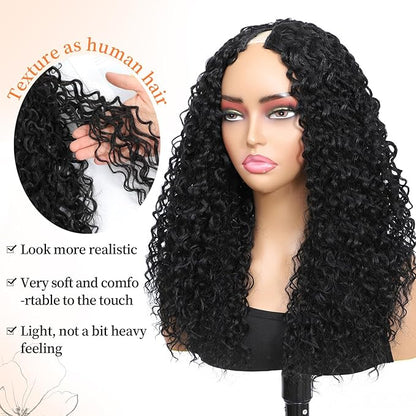 HUA V Part Wig Human Hair Kinky Curly Upgrade UPart Wigs for Black Women Human Hair Mixed Synthetic 16 Inch Vpart Wigs Curly Glueless Half Wig 180% Density Natural Black Color Beginner Friendly