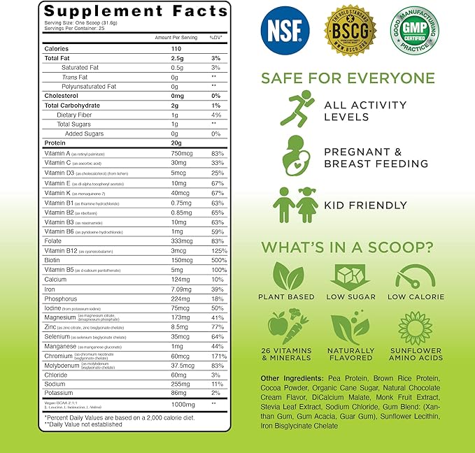 TRU Plant Based Protein Powder, BCAA, EAA, 20g Vegan Protein, 100 Calories, 27 Vitamins, No Artificial Flavors 25 Servings (Natural Chocolate Cream)